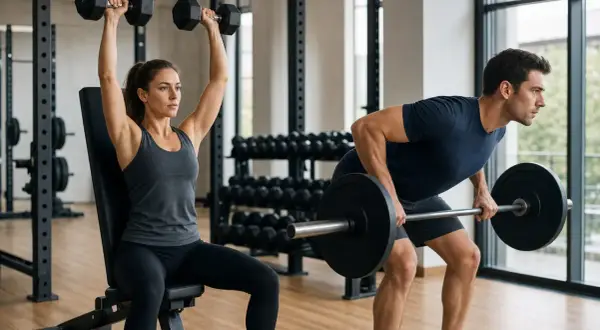 Frau hebt Hanteln, Mann macht Rudern mit Langhantel. Ein effektives 2er Split Push Pull Training im Fitnessstudio.