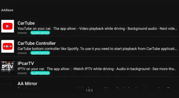 Lista de aplicaciones para añadir a Android Auto: CarTube para YouTube, CarTube Controller y IPcarTV para ver contenido.