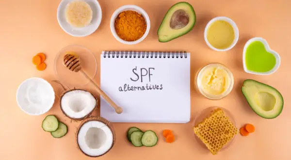 Zutaten für after sun selber machen: Kokosnuss, Avocado, Honig, Kurkuma, Karotten, Gurken und Bienenwaben.