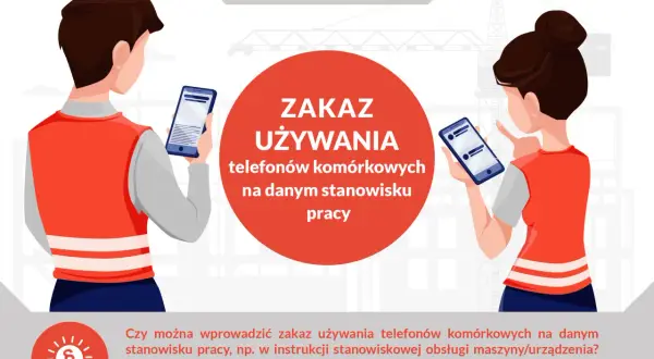 Ilustracja przedstawia pracowników z telefonami komórkowymi, nad nimi widnieje napis "ZAKAZ UŻYWANIA telefonów komórkowych na danym stanowisku pracy".