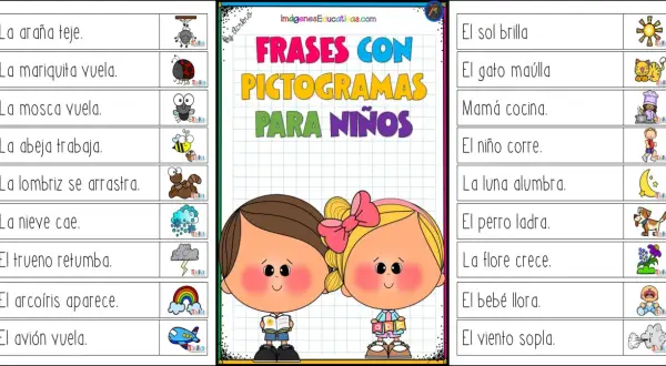 Frases para leer niños de 5 años con pictogramas: la araña teje, el sol brilla, mamá cocina, el niño corre.