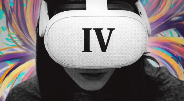 Osoba w goglach VR z napisem "IV" na froncie. Kolorowe, abstrakcyjne tło sugeruje wejście do wirtualnej rzeczywistości, być może zapowiedź Meta Quest 4.