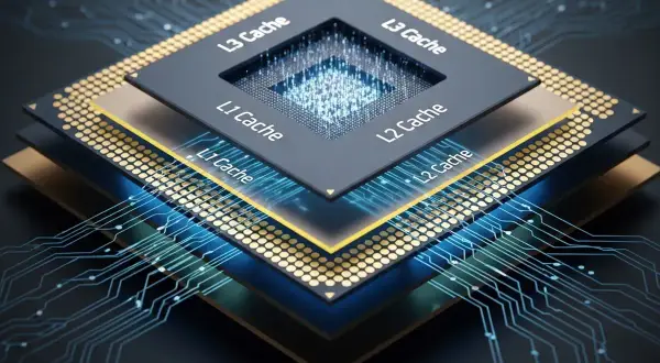 Procesador con capas de memoria L3, L2 y L1 Cache, conectado a circuitos digitales.