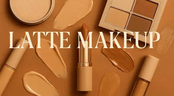 Swatch di fondotinta, rossetto e palette ombretti in tonalità calde, perfetti per un look latte makeup.