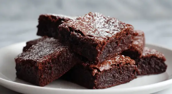 Pyszne brownie z airfryer, posypane cukrem pudrem, ułożone na białym talerzu.
