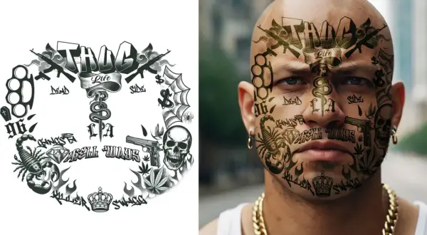 Mężczyzna z tatuażem na twarzy, przedstawiającym broń, skorpiona, czaszkę i napis "Gangsta Life".