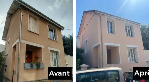 Maison avant après : façade rénovée, plus lumineuse et moderne. Les volets ont été changés, la peinture rafraîchie.