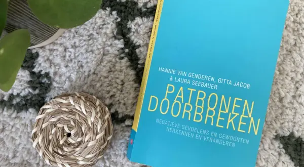Boek "Patronen doorbreken" op een zachte, getextureerde ondergrond. Een plantje en een mandje liggen ernaast.