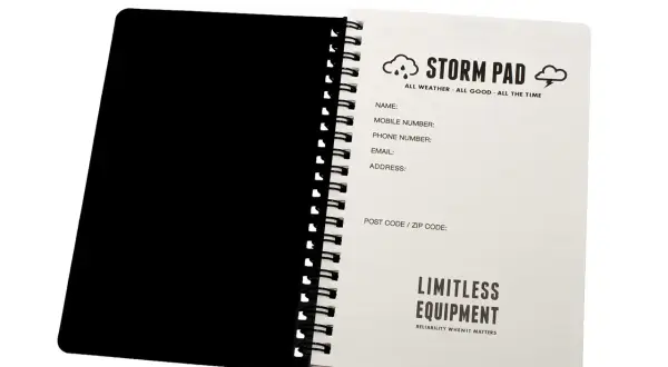 Libreta resistente al agua "Storm Pad" con campos para datos de contacto y el lema "Reliability When It Matters".
