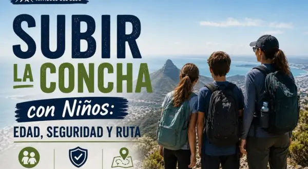 Familia en la cima, preparándose para la concha hike. El texto indica "Subir la concha con niños: Edad, seguridad y ruta".