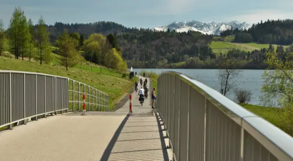 Rowerzyści na malowniczej trasie rowerowej w Czorsztynie, z widokiem na jezioro i ośnieżone szczyty Tatr.