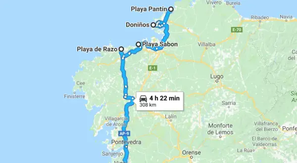 Ruta por las playas de surf de Galicia: de Playa de Patos a Playa Pantín, 308 km.