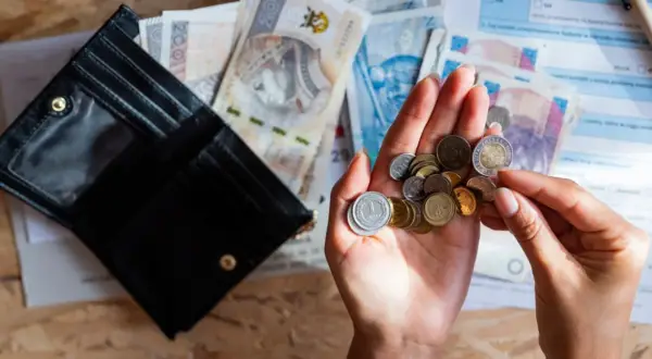 Dłonie liczą monety i banknoty, zastanawiając się nad cenami prądu w taryfie G11.