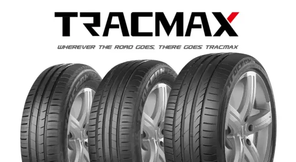 Trois pneus Tracmax sur fond blanc, avec le logo Tracmax en haut. Un avis sur les pneus Tracmax pour toutes les routes.