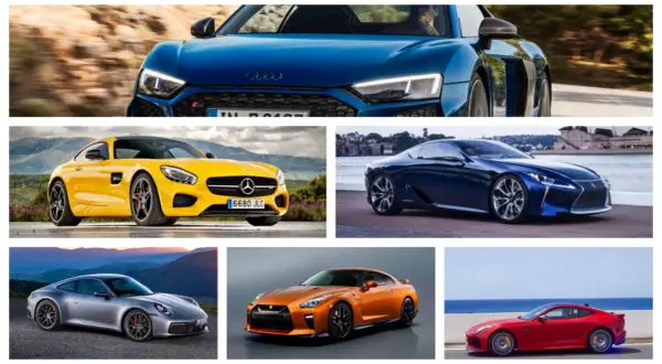 Audi R8 azul, Mercedes-AMG GT amarillo, Lexus LC azul, Porsche 911 plateado, Nissan GT-R naranja y Jaguar F-Type rojo. Los mejores coches deportivos.