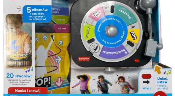 Gramofon Malucha Fisher-Price: 5 albumów muzycznych i 20 utworów, idealny do odkrywania piosenek dla rocznego dziecka. Nauka i rozwój przez muzykę i taniec.