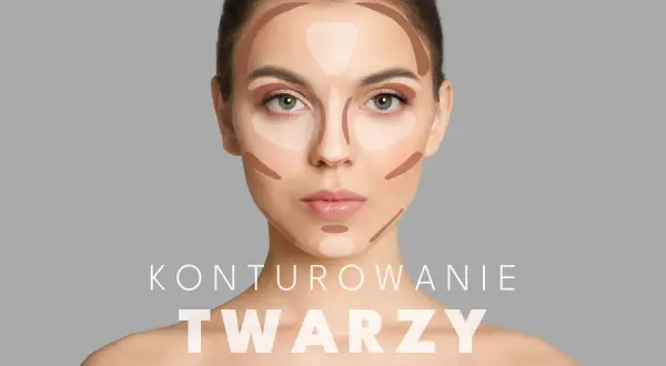 Modelka prezentuje konturowanie twarzy. Ciemniejsze i jaśniejsze smugi podkreślają rysy, przygotowując do makijażu.