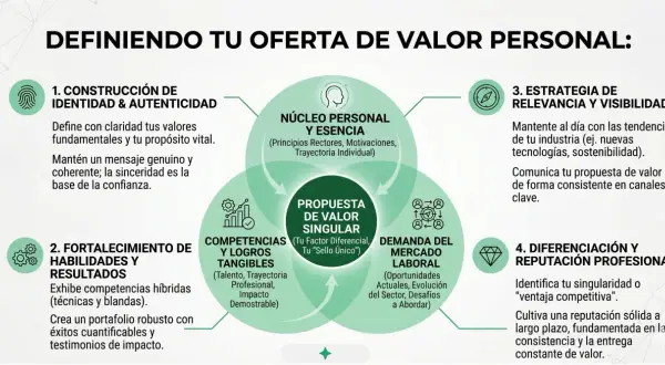 Diagrama sobre cómo definir tu oferta de valor personal, abarcando identidad, habilidades, demanda del mercado y diferenciación.