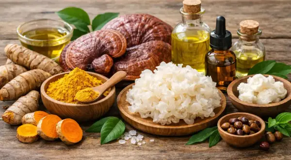 Naturalne składniki do kosmetyki: grzyby reishi, kurkuma, olejki i masło shea.