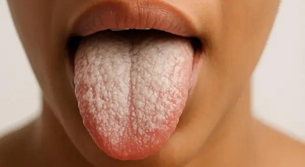Lingua nera con patina bianca, simile a bicarbonato, che copre la superficie.