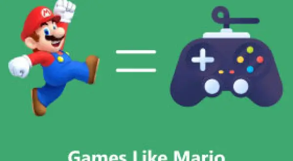 Mario biegnący obok pada do gier, z napisem "Games Like Mario".
