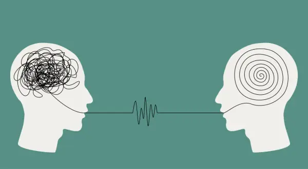 Testa con pensieri aggrovigliati e un'altra con spirali, collegate da un'onda sonora. Forse la psicoterapia non funziona per tutti.
