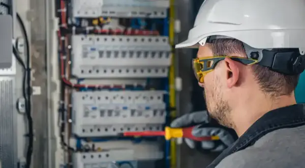 Elektryk w kasku i okularach ochronnych pracuje przy skrzynce z bezpiecznikami.