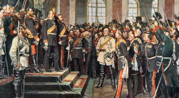 Männer in Uniformen, Deutschland 1914. Kaiser Wilhelm II. und seine Generäle versammeln sich in einem prunkvollen Saal.