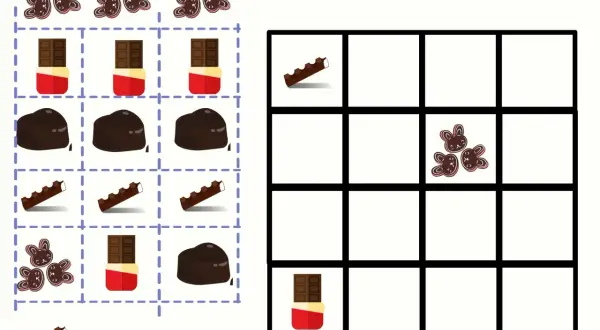 Czekoladowe łamigłówki na dzień czekolady: czekoladki, batoniki i ciasteczka w kształcie króliczków czekają na ułożenie w sudoku.