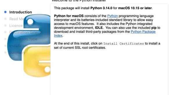 Installation de Python 3.14.0 sur macOS. L'installeur présente les étapes : Introduction, Licence, Destination, Type, Installation et Résumé. Le logo Python est visible.