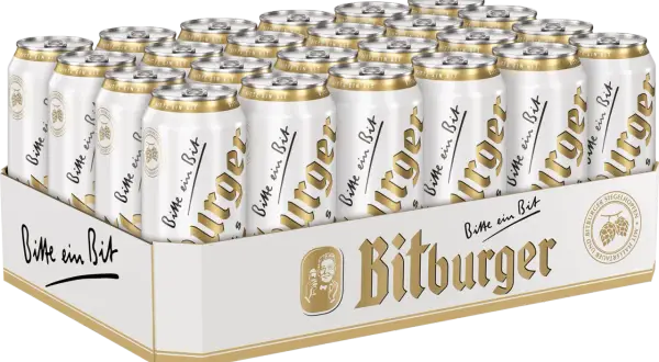 Kasten mit 24 Dosen Bitburger Pils. Der Alkoholgehalt ist auf den Dosen nicht direkt ersichtlich, aber es ist ein klassisches Pils.