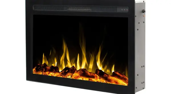Nowoczesny wkład kominkowy elektryczny z realistycznym płomieniem i polanami. Idealny do stworzenia przytulnej atmosfery.