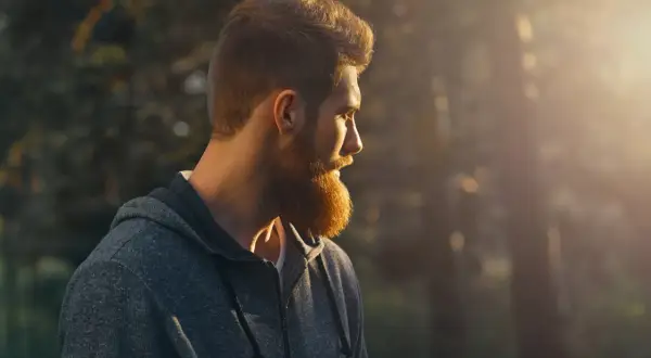 Mężczyzna z rudą brodą w szarej bluzie z kapturem, idealny strój, jak się ubrać do lasu.