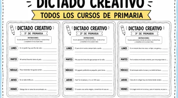 Hoja de dictado creativo para 1º de primaria con frases para completar cada día de la semana.