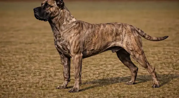 Ein kräftiger Dogo Canario mit gestromtem Fell steht auf einer Wiese.