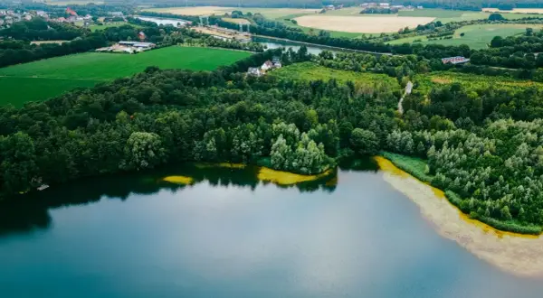 Malowniczy krajobraz z lasem i polami otaczającymi najczystsze jezioro w Polsce. W oddali widać zabudowania i kanał.