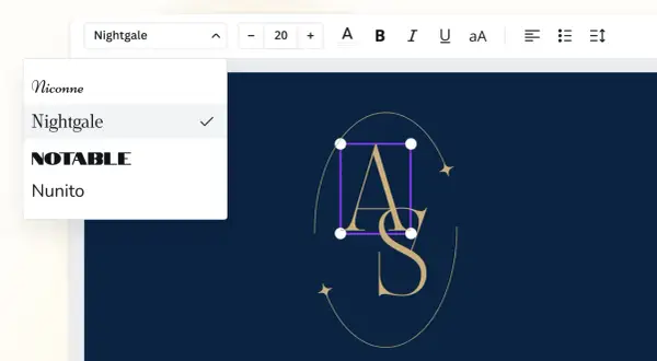 Choosing the "Nightingale" font for elegant monogram styles initials.