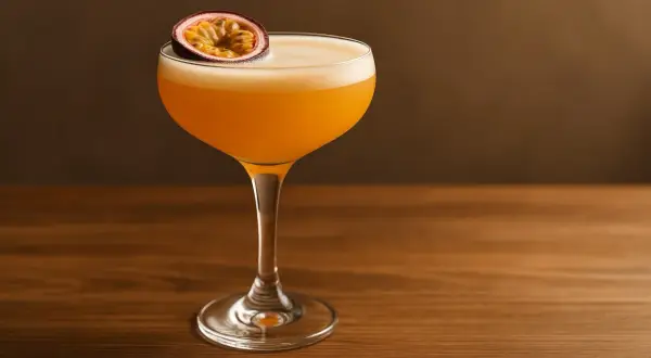 En elegant Pornstar Martini med passionsfrukt, redo att avnjutas.