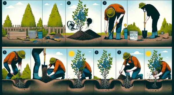 Ilustracja pokazuje, co ile sadzić borówkę amerykańską. Proces sadzenia krok po kroku: przygotowanie dołu, umieszczenie sadzonki, zasypanie ziemią i pielęgnacja.