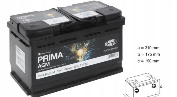Akumulator Prima AGM 12V-80Ah 800A, idealny do BMW E60 530d. Wymiary: 310x175x190 mm.
