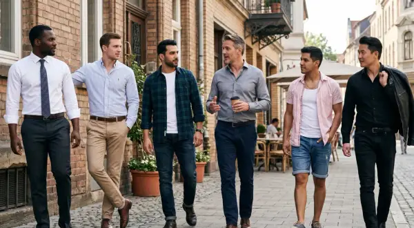 Sechs Männer spazieren auf einem Bürgersteig. Einer trägt ein weißes Hemd, ein anderer ein blau gestreiftes Hemd.