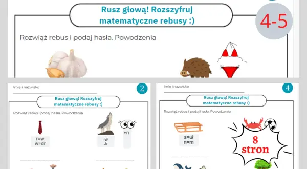 Grafika przedstawia matematyczne rebusy dla dzieci z elementami takimi jak czosnek, dzik, krawat, wilk, sanie, wieloryb i drzewo.
