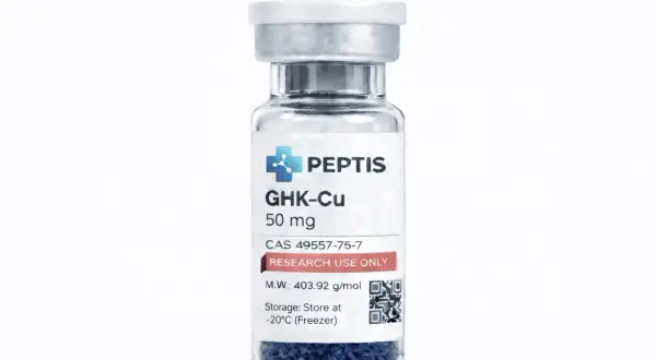 Szklana fiolka z granulkami peptydów miedziowych GHK-Cu, 50 mg. Przeznaczona do badań.