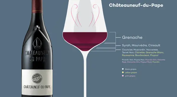 Butelka i kielich z winem Châteauneuf-du-Pape, znanym jako wino papieskie, z listą szczepów winogron.