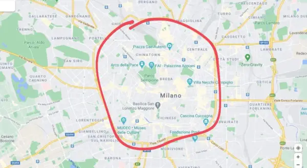 Karta över Milano med en röd cirkel som markerar centrala delar, perfekt för din **milano reseguide**.