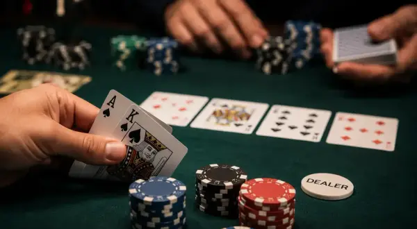 Gracz trzyma asa i króla, gotów do gry. Na stole leżą karty i żetony, a dealer czeka na ruch.
