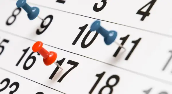 Calendario con puntine blu e rosse. Segna la data importante: quando esce il CUD.