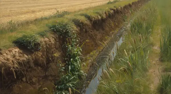 Wąski rów melioracyjny w granicy działki, z wodą i bujną roślinnością, oddziela pole zboża od łąki.