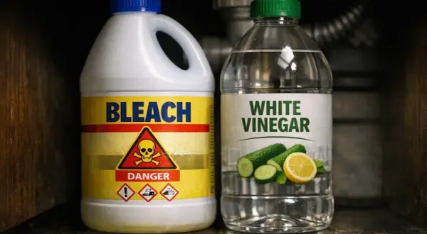 Bouteille de javel et de vinaigre blanc. Attention aux dangers de l'inhalation chlore symptômes.