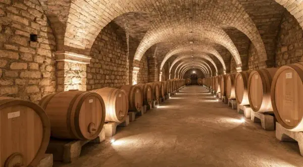 Allées voûtées d'une cave à vin à Beaune, remplies de rangées de fûts en bois. Une visite de cave Beaune inoubliable.